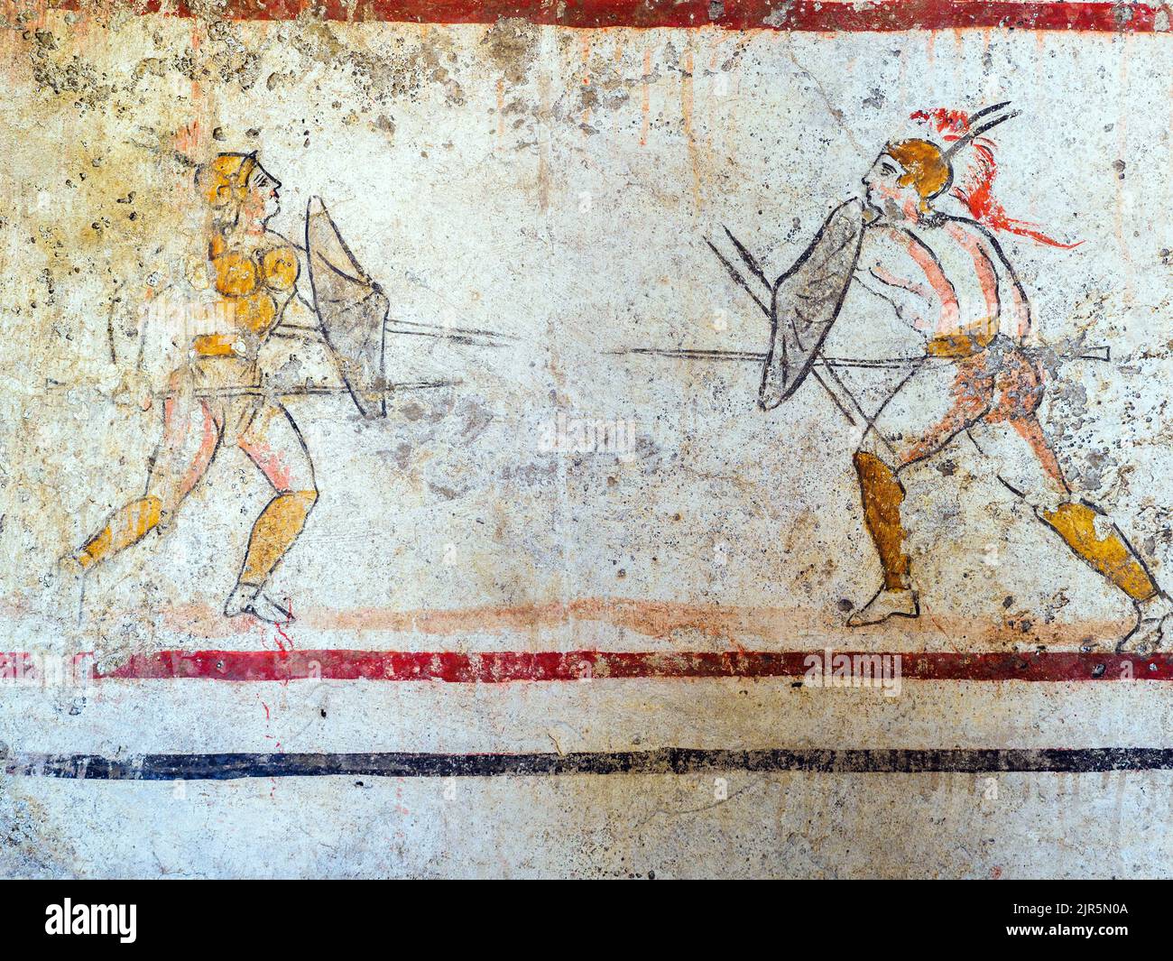 Fresko mit Darstellung eines Duells Andriuolo, Grab 4 - Ostplatte (letztes Jahrzehnt des 4.. Jahrhunderts v. Chr.) Paestum Museum - Salerno, Italien Stockfoto
