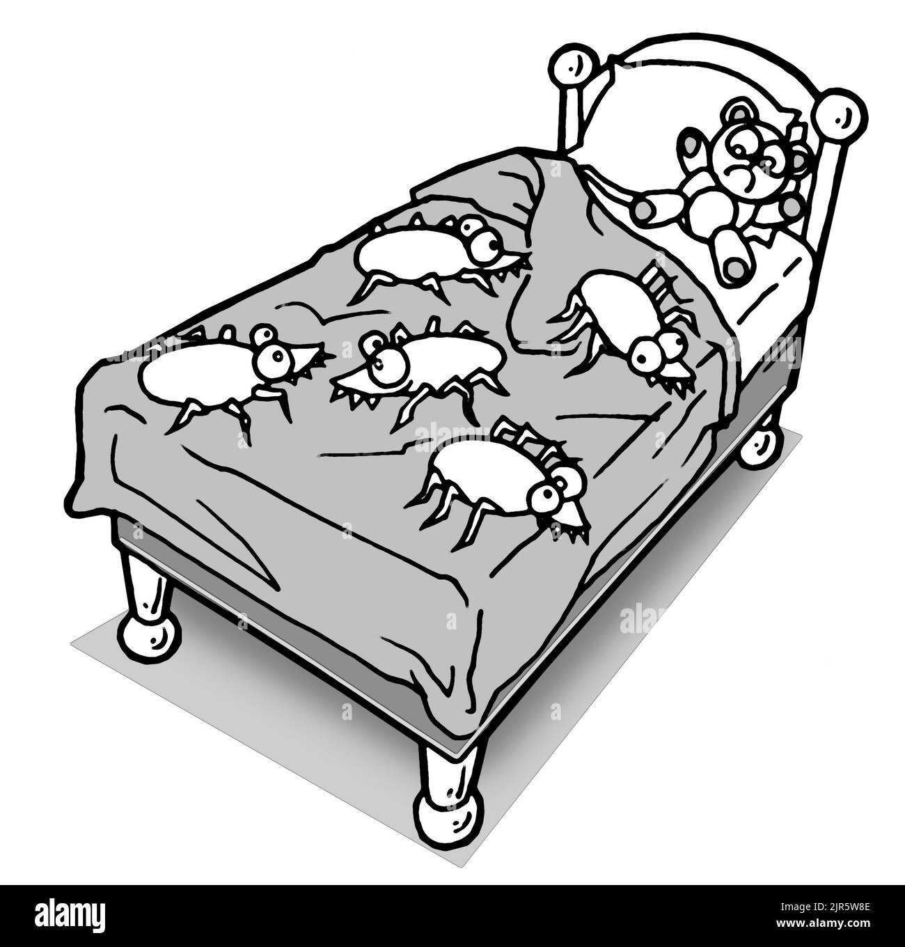 Karikatur, die ein Bett illustriert, das mit übergroßen Insekten bedeckt ist. Die gewöhnlichen Bettwanzen (cimex lectularius) sind Insekten der Gattung Cimex, die sich von Blut ernähren Stockfoto