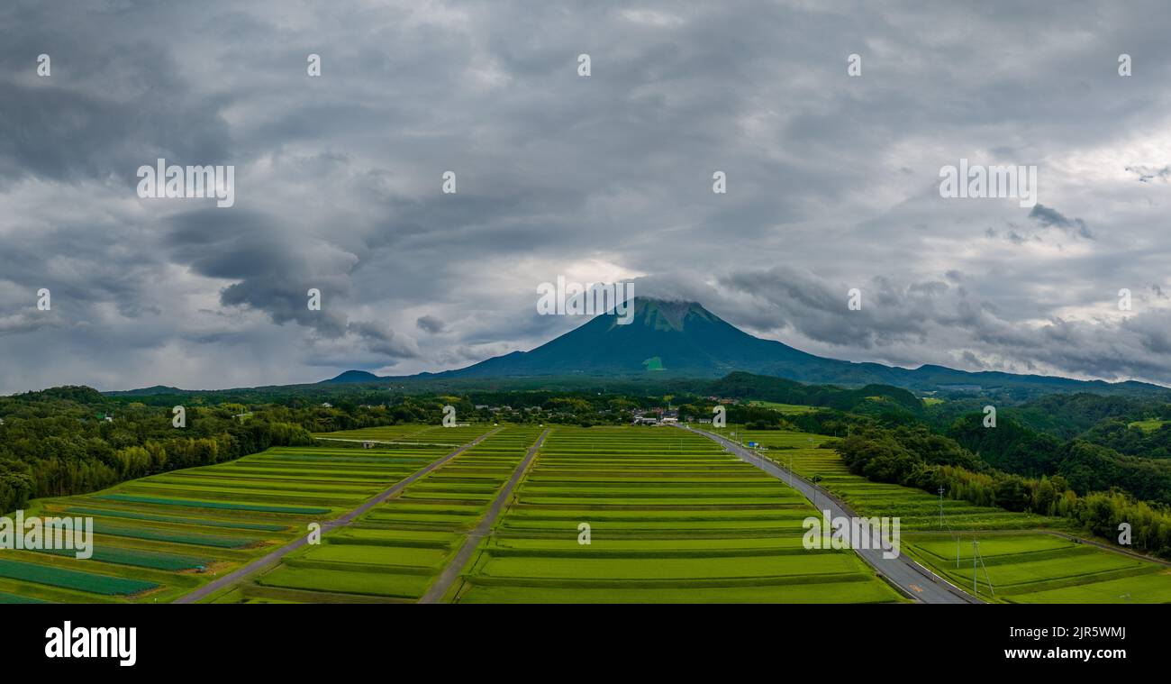 Panoramablick auf grüne Reisfelder am Fuße des Mt. Daisen am bewölkten Tag Stockfoto