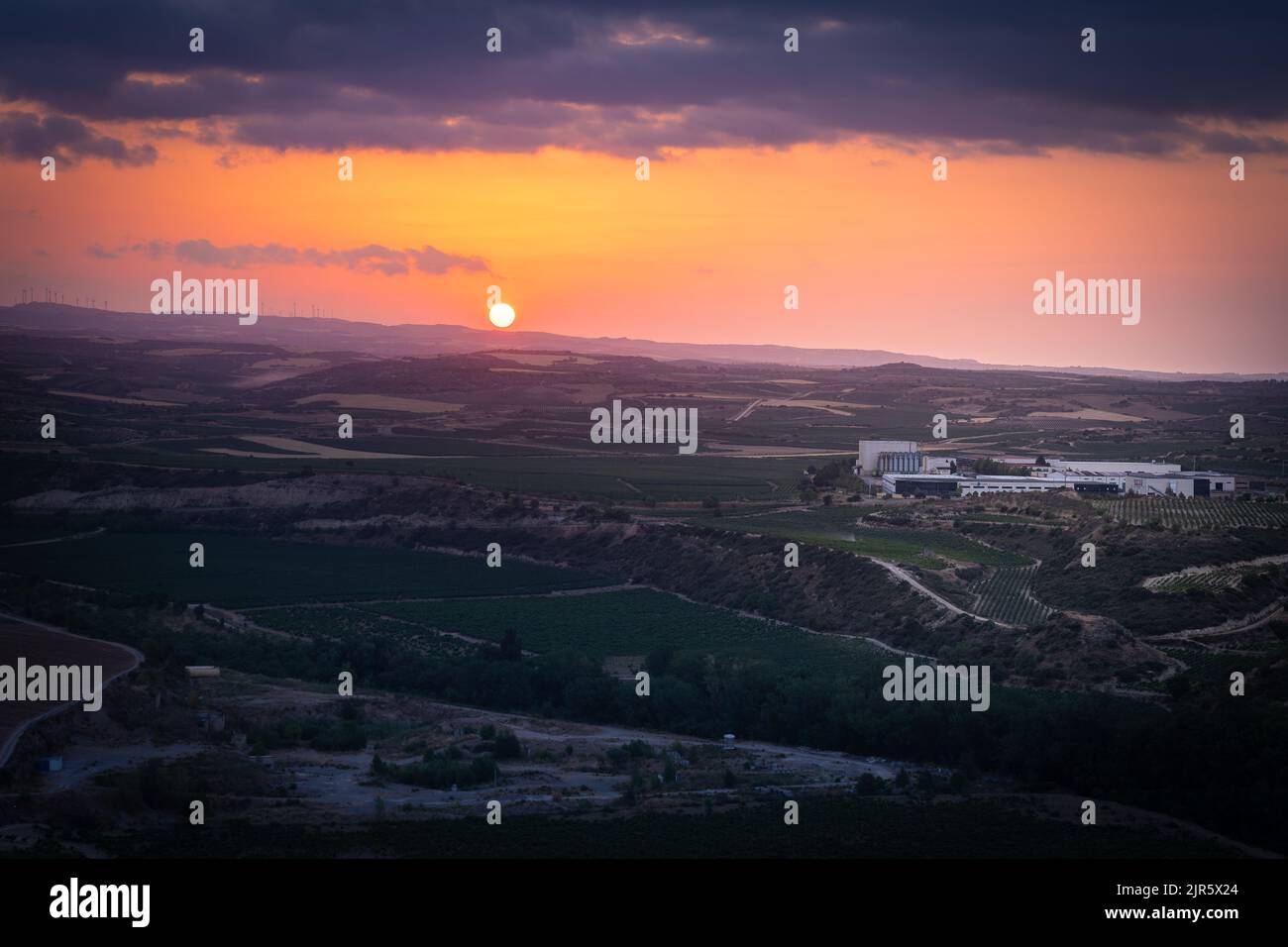 Landschaft von La Rioja bei Sonnenaufgang, El Cortijo von Logroño, Spanien Stockfoto