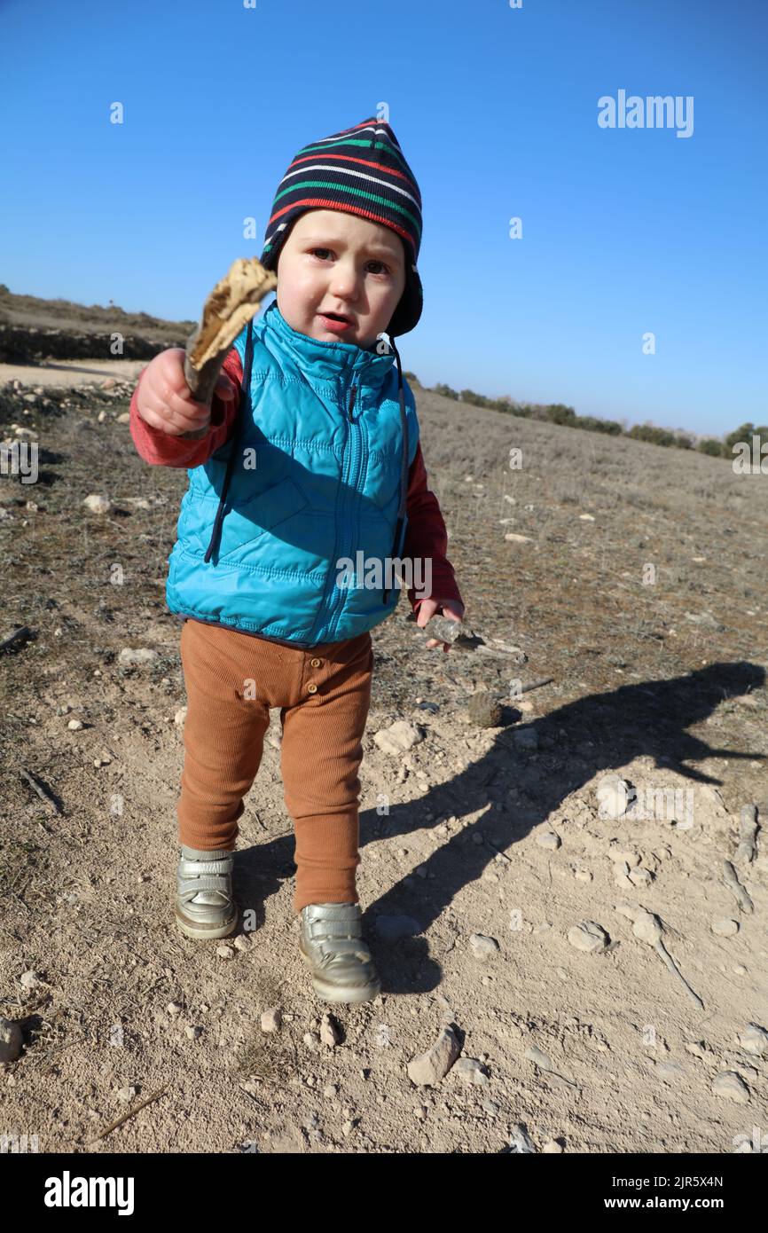 Kleinkind entdeckt die Natur. Kaukasischer Junge spielt mit Holzstab und Stein auf einem Feld. Naturgemäß verbunden. Stockfoto