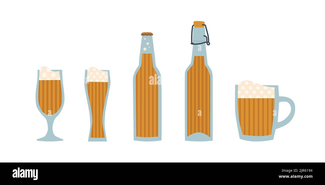 Vector stilisierte Satz von Bierflaschen und Bierkrügen. Perfekt für ein Pub-Menü. Stock Vektor