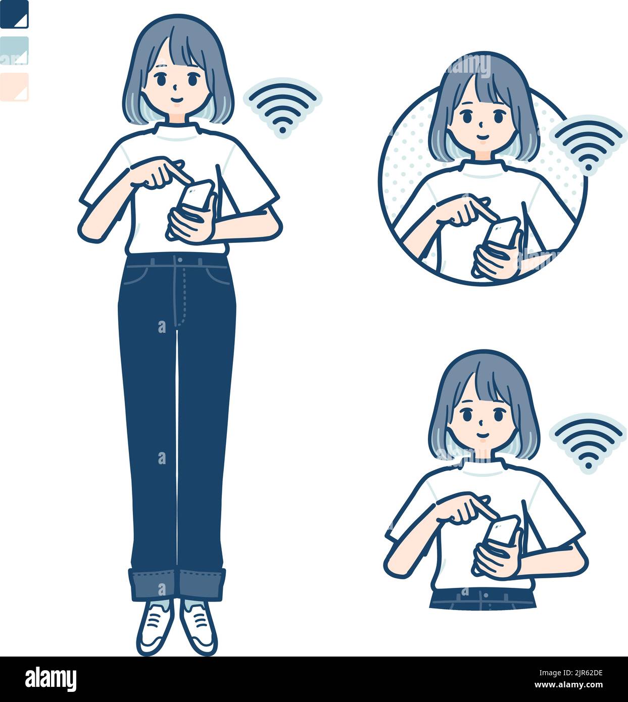 Eine junge Frau in einem T-Shirt mit bedienbaren Smartphone-Bildern.Es ist Vektorgrafik, so ist es einfach zu bearbeiten. Stock Vektor