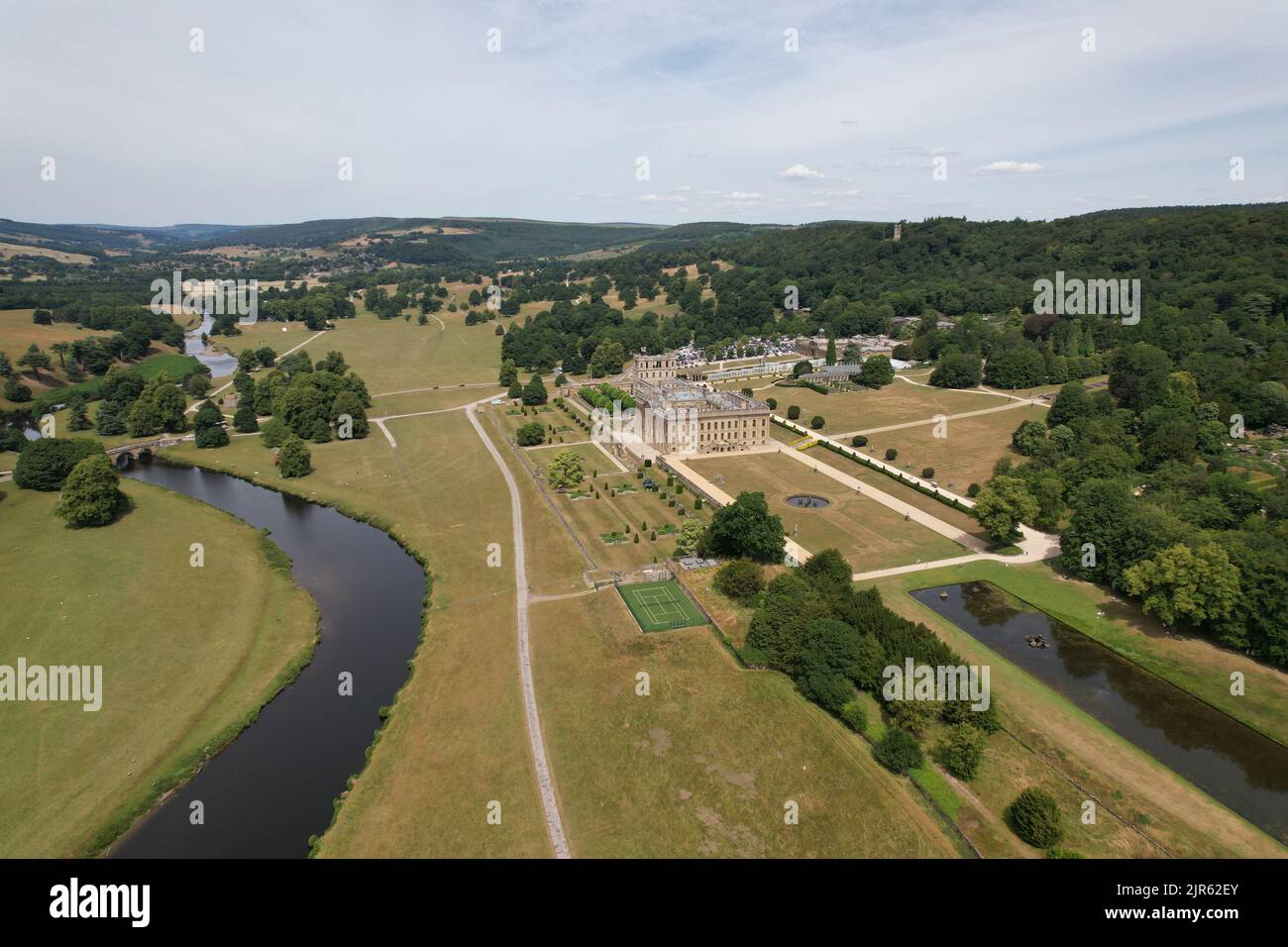 Chatsworth House Derbyshire Dales England, Drohnenansicht Stockfoto