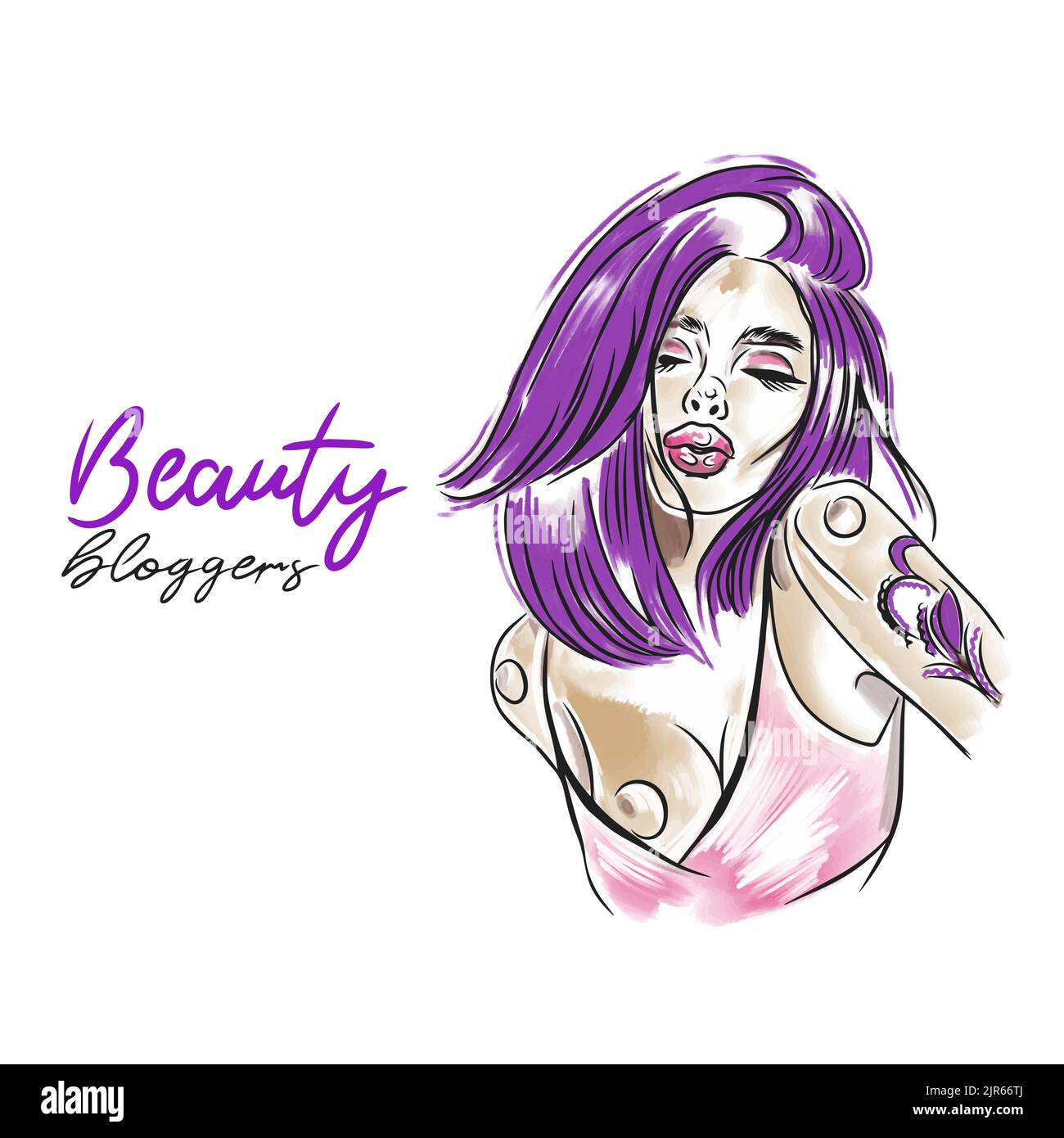 Beauty-Blogger, schöne tätowierte Mädchen, Doodle-Stil Aquarell Illustration Stock Vektor