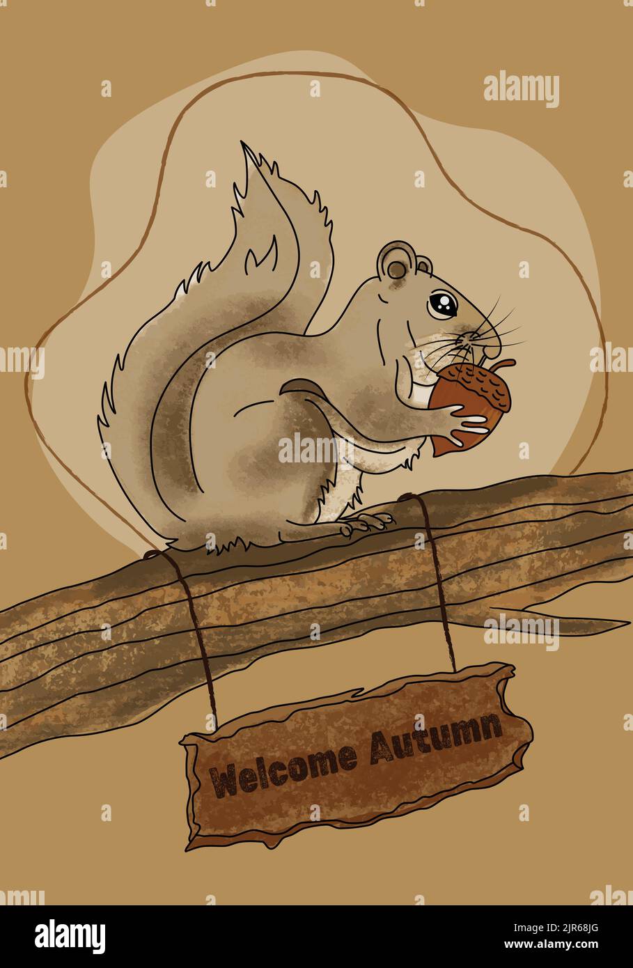 Eichhörnchen essen Eichel Nuss sitzen auf Baum Zweig Willkommen Herbst Thema Vektor Illustration. Handgezeichneter, brauner Hintergrund im Textur-Design. Soziale Medien Stock Vektor
