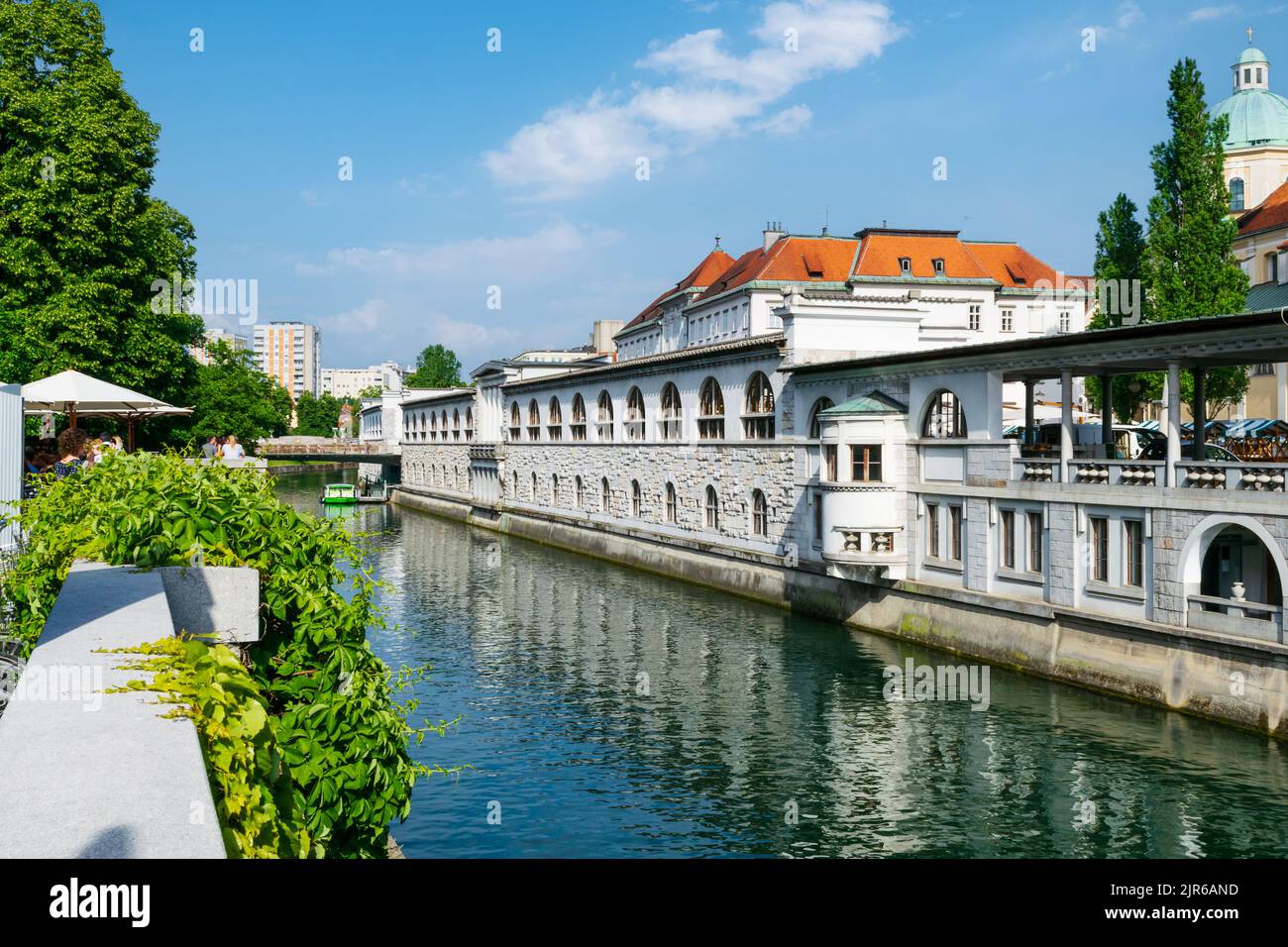 Der Fluss Ljubljanica grenzt an den Markt von Plečnik oder den Zentralmarkt in Ljubljana Stockfoto