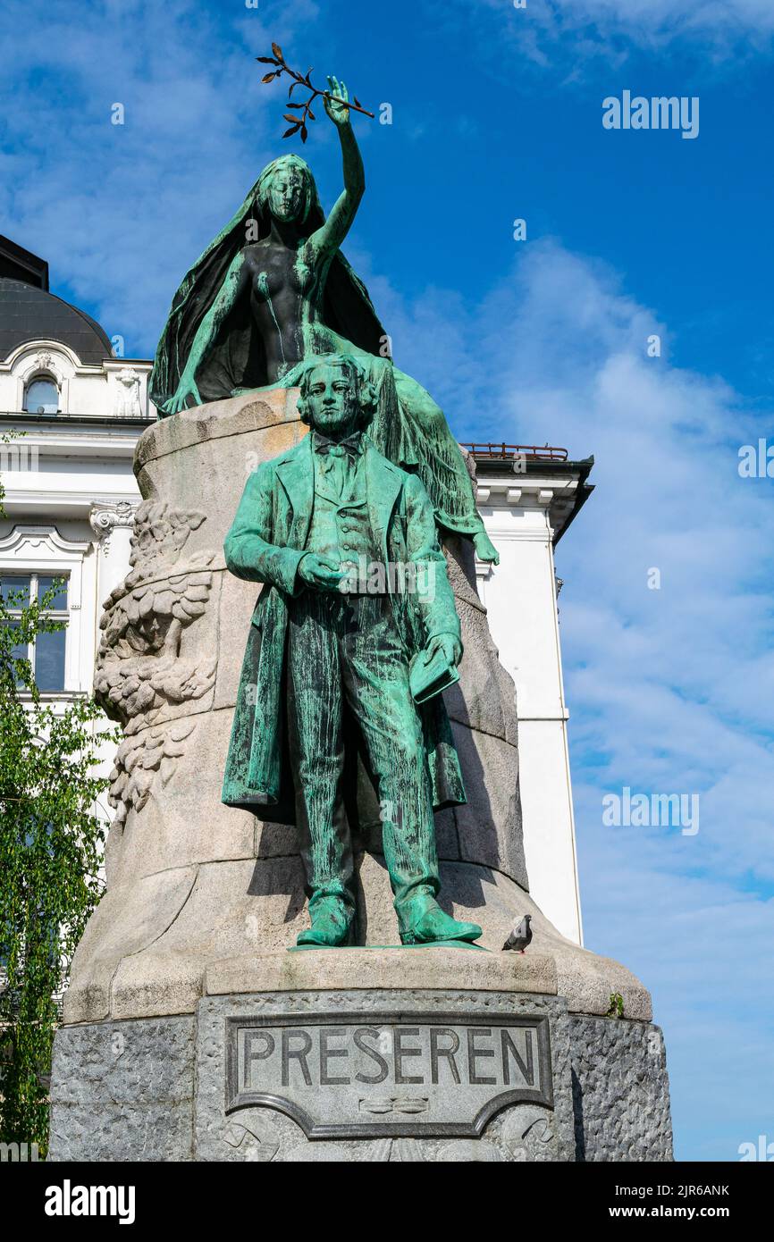 Die Statue von France Prešeren steht auf dem slowenischen Prešeren-Platz in Ljubljana Stockfoto