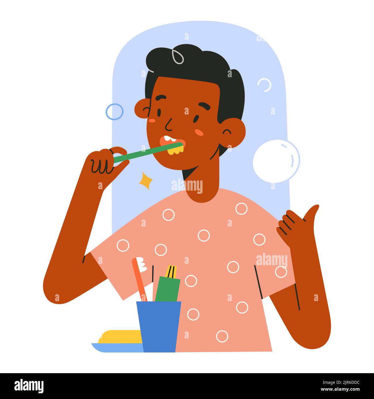 Süßes afroamerikanisches Kind putzt seine Zähne, steht im Badezimmer vor dem Spiegel, putzt Zähne mit Zahnbürste, zeigt Daumen nach oben Geste Stock Vektor