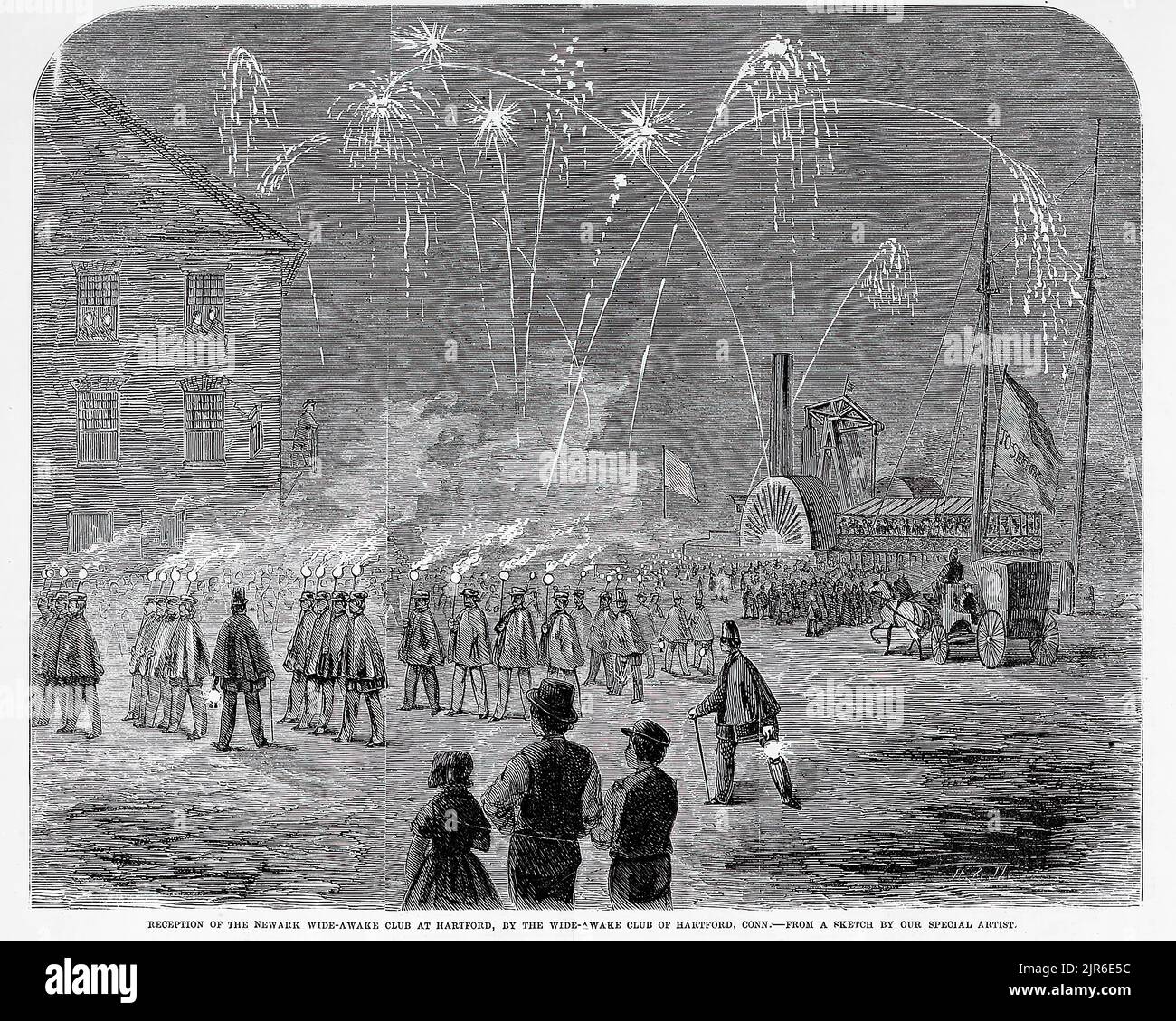 Empfang des Newark Wide-Awake Club in Hartford durch den Wide-Awake Club in Hartford, Connecticut (1860). 19.. Jahrhundert Illustration aus Frank Leslie's Illustrated Newspaper Stockfoto