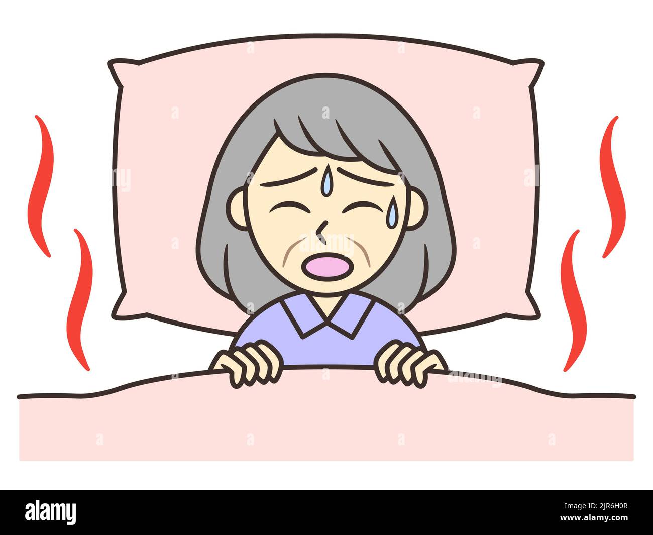 Eine ältere Frau, die nicht schlafen kann, weil es heiß ist Stockfoto