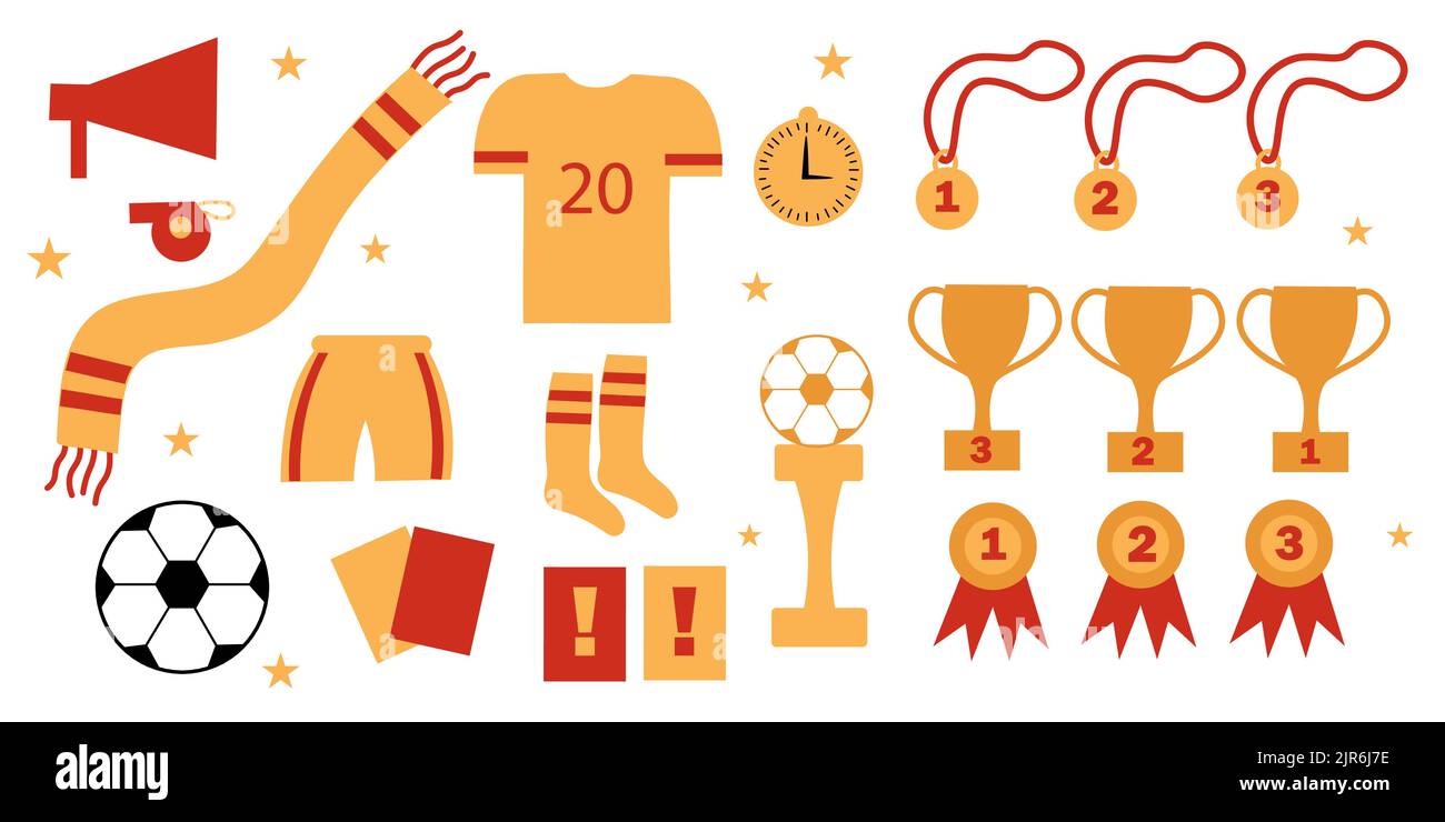Satz von Gegenständen zum Spielen von Fußball isoliert auf weißem Hintergrund. Elemente von Symbolen für das Sportspiel des Fußballs. Stock Vektor