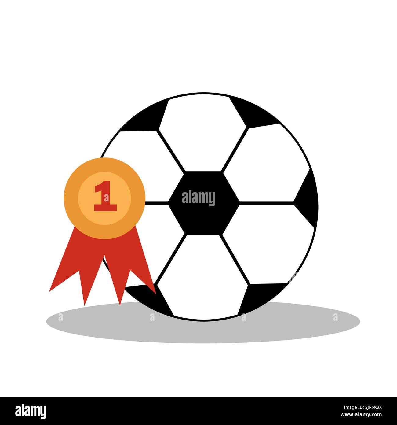 Fußball mit Meisterschaftsmedaille. Fußballspiel-Attribute für Postkarte, Logo oder Design. Flache Abbildung. Stock Vektor