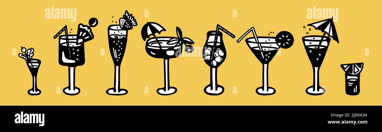 Set von Vektor-Illustrationen von Gläsern mit Cocktails mit Blasen, Ananas, Regenschirm, Zitronenscheibe, Kirsche, Erdbeeren, Eis und Beeren. Stock Vektor