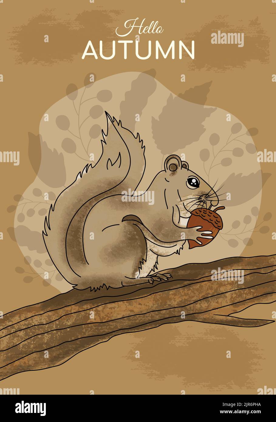 Eichhörnchen essen Eichel Nuss sitzen auf Baum Zweig. Hallo Herbst Thema Vektor Illustration. Handgezeichnete Textur Design braun Hintergrund Kunst. Social Media Stock Vektor