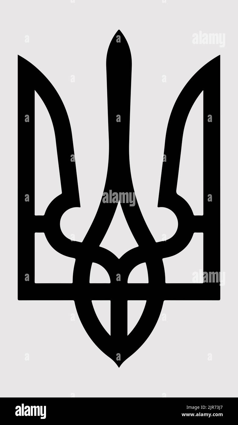 Wappen der Ukraine Staatswappen Nationales ukrainisches Symbol Dreizack-Symbol solind schwarz auf grauem Hintergrund Stockfoto