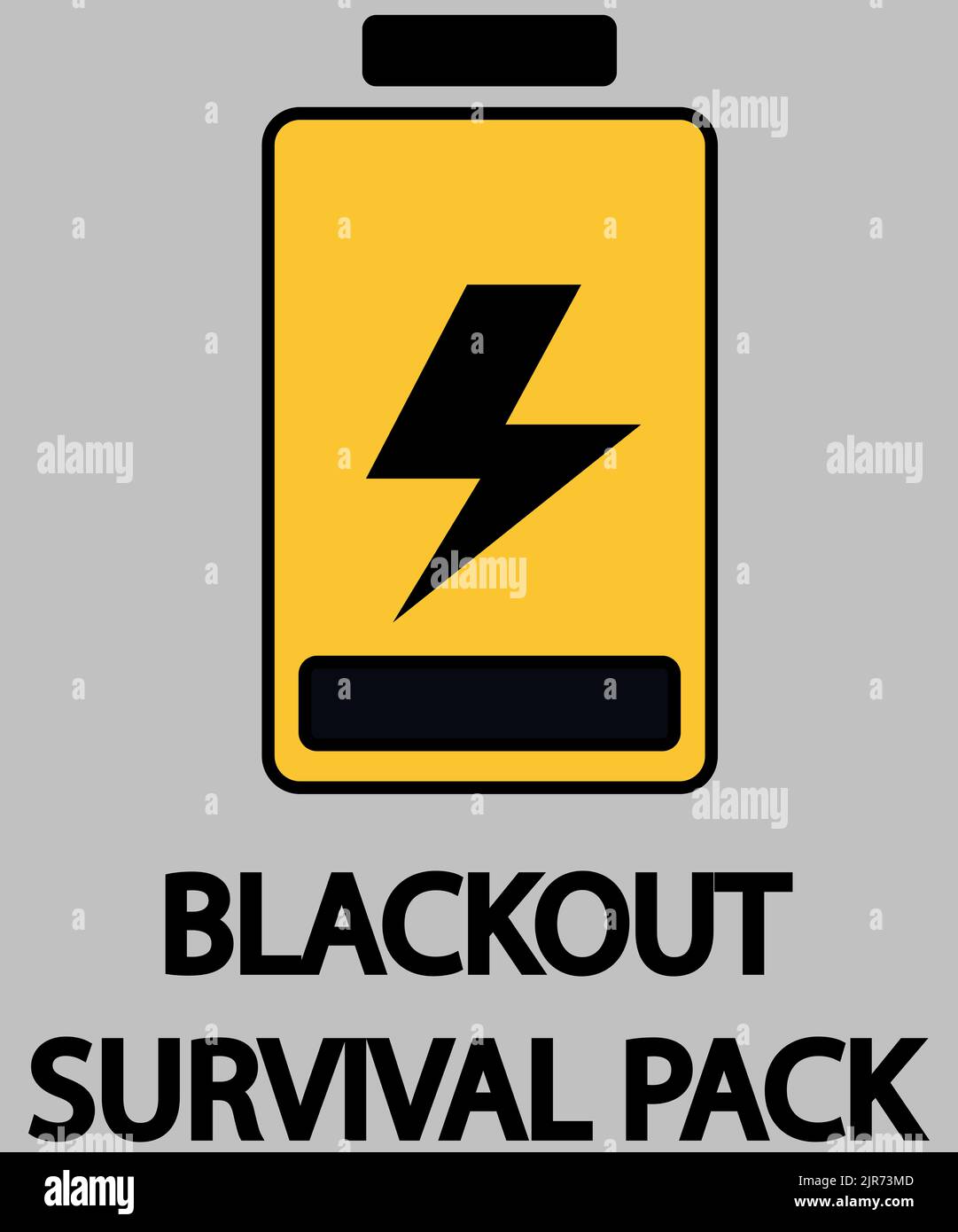 Stromausfall Blackout Survival Pack Zeichen gelbe Batterie Blitz Strom grauen Hintergrund Stockfoto