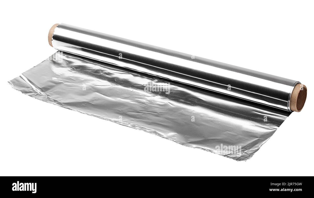 Aluminiumfolie, isoliert auf weißem Hintergrund, Beschneidungspfad, volle Schärfentiefe Stockfoto