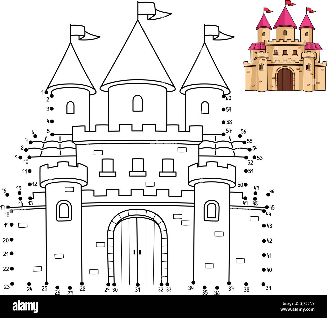 Dot to Dot Royal Castle Malvorlagen-Seite für Kinder Stock Vektor