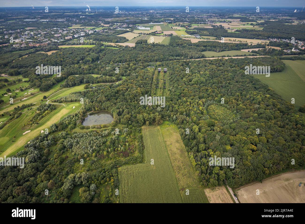 Luftaufnahme, ehemalige Schießanlage im Naturschutzgebiet Buschei am Wirksfeld sowie Wulfscher Teich im Kreis Kurl in Dortmund, Ruhrgebiet, Stockfoto