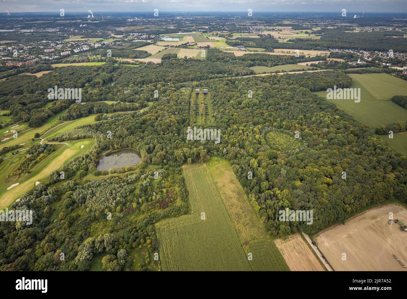 Luftaufnahme, ehemalige Schießanlage im Naturschutzgebiet Buschei am Wirksfeld sowie Wulfscher Teich im Kreis Kurl in Dortmund, Ruhrgebiet, Stockfoto