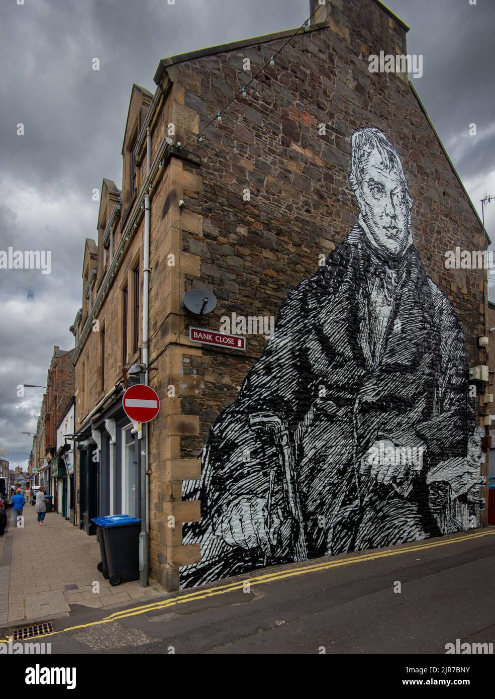 Wandgemälde auf dem Giebel eines Gebäudes in Galashiels in den Scottish Borders, Schottland, Großbritannien Stockfoto