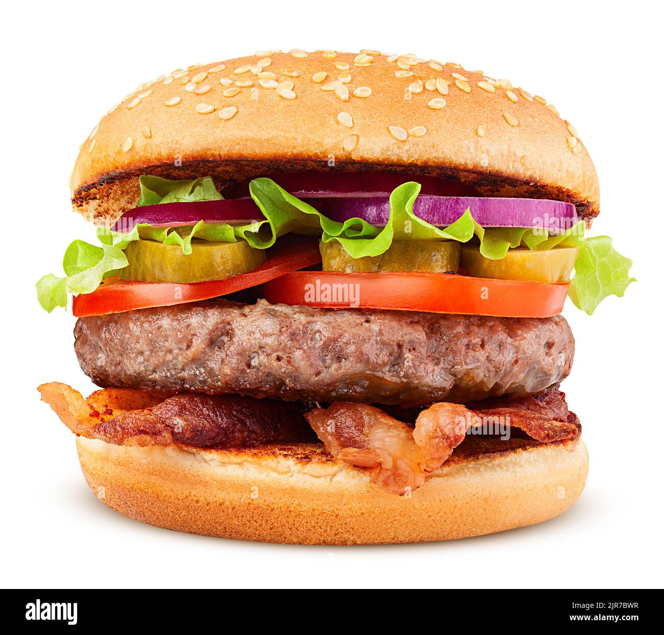 Köstliche Fast Food, Burger, Hamburger, Cheeseburger, isoliert auf weißem Hintergrund, volle Tiefenschärfe, Clipping Pfad Stockfoto