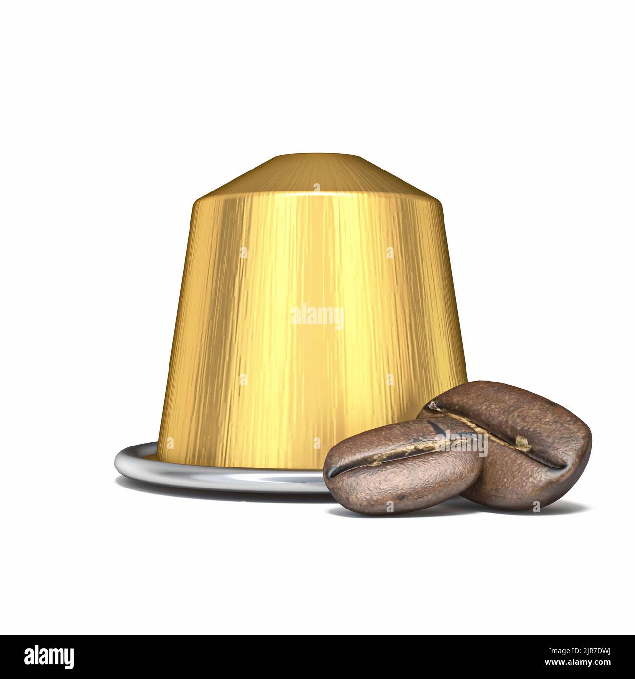 Goldene Kaffeekapsel mit Kaffeebohnen 3D Rendering Illustration isoliert auf weißem Hintergrund Stockfoto