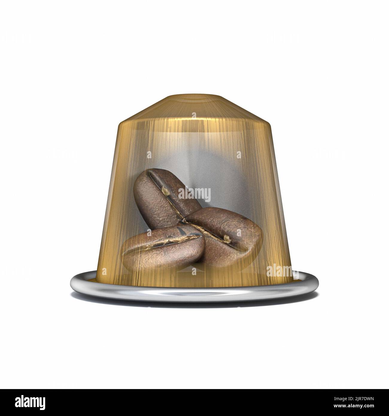 Halbschonende Kaffeekapsel mit Kaffeebohnen 3D Rendering Illustration isoliert auf weißem Hintergrund Stockfoto