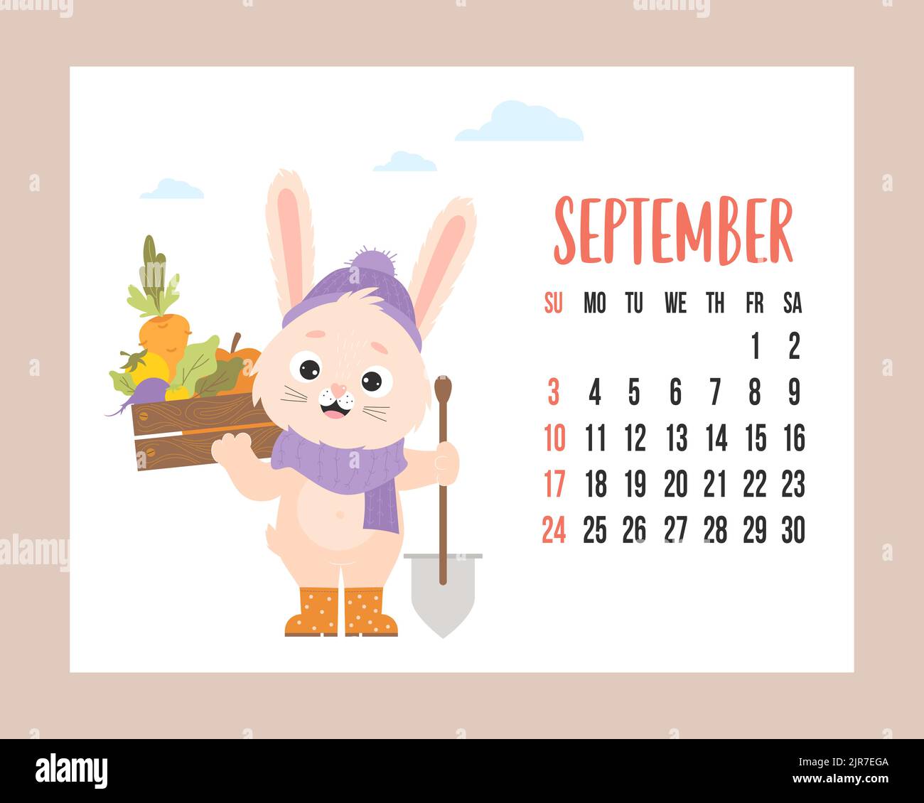 Kalender September 2023. Niedlicher Hase Bauer in Strickkleidung und Gummistiefeln mit Schaufel und Ernte von Gemüse in Holzkiste. Vektordarstellung Stock Vektor