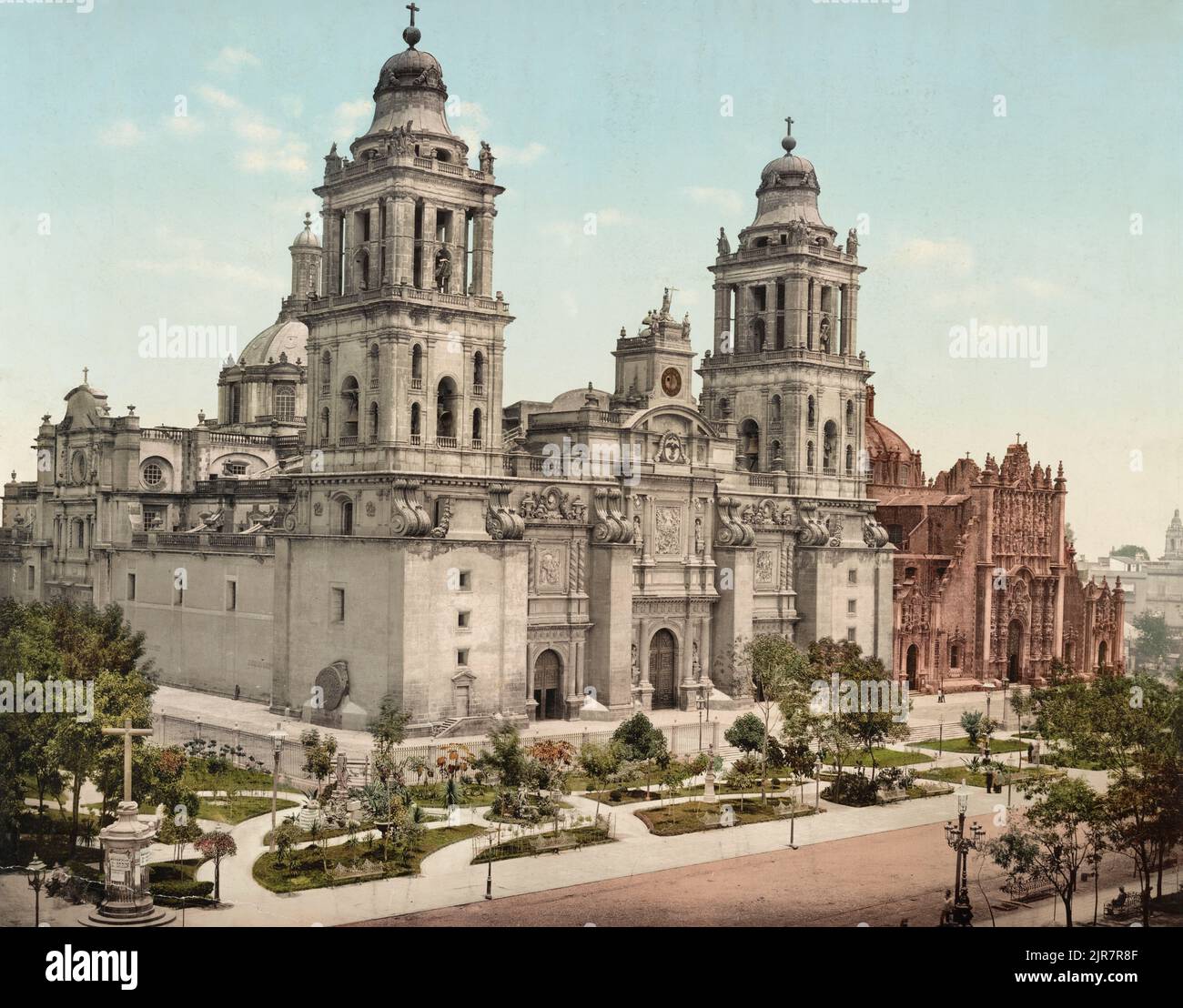 Metropolitan Cathedral auf dem Zocalo in Mexiko-Stadt um 1899, Farbphotolithographie von William Henry Jackson (1843-1942) Stockfoto