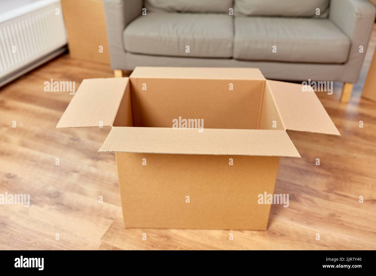 Leere Wellpappe und Sofa im neuen Zuhause Stockfoto