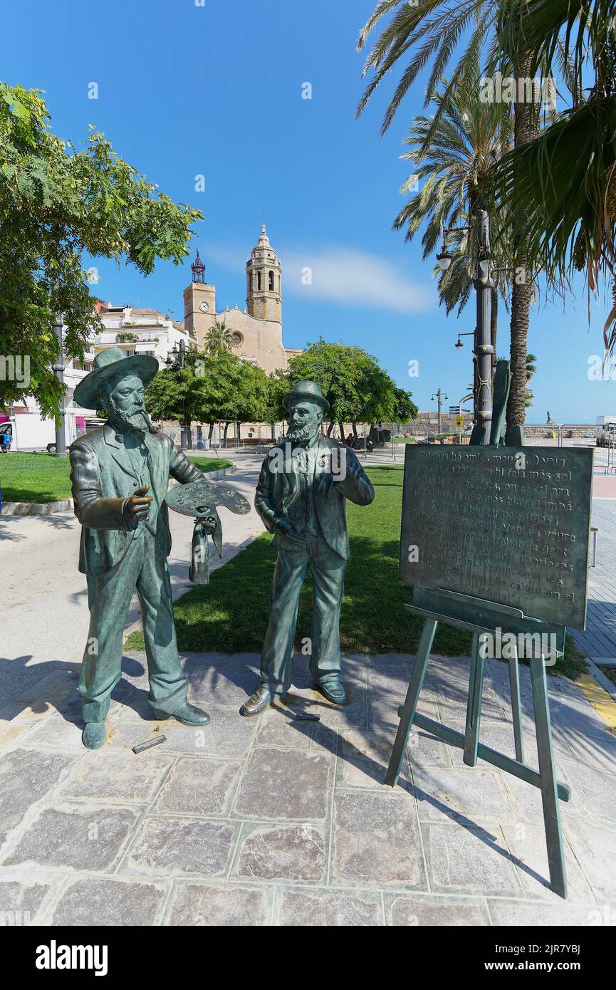 Denkmal für Santiago Rusi ol und Ramon Casas in Sitges, Spanien. Stockfoto