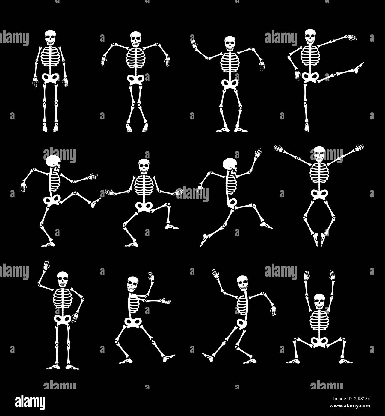 Skeleton Tanz animierte Spiel Sprite. Vektor-Set von lustigen halloween-Figuren in verschiedenen Posen. Nette gruselige Persönlichkeit mit Skelett tanzen, springen, hocken und spielen Sequenz Animation Stock Vektor