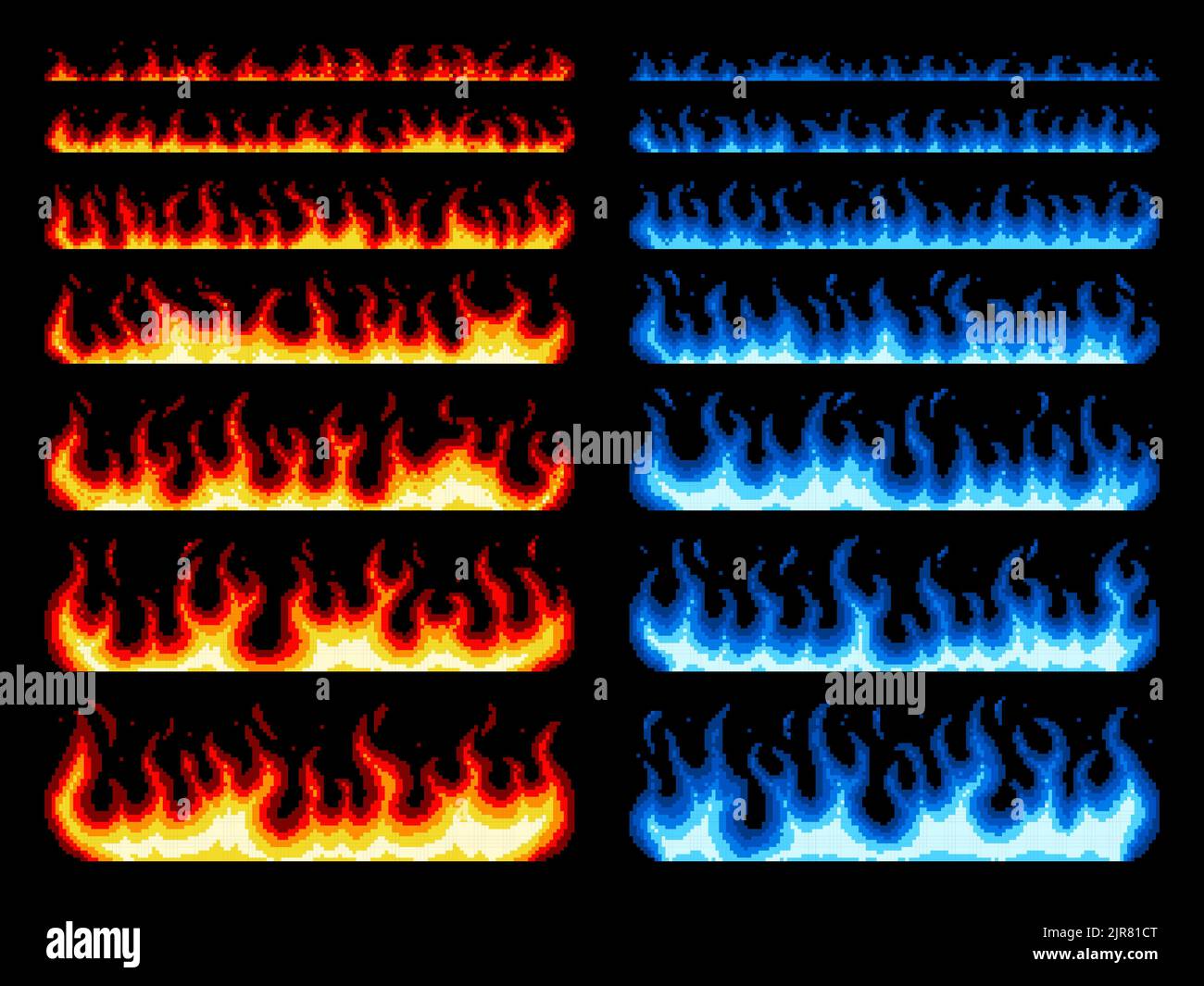 Pixel Art Feuer, Spiel Animation von blauen und roten Flammen, Vektor 8 ...