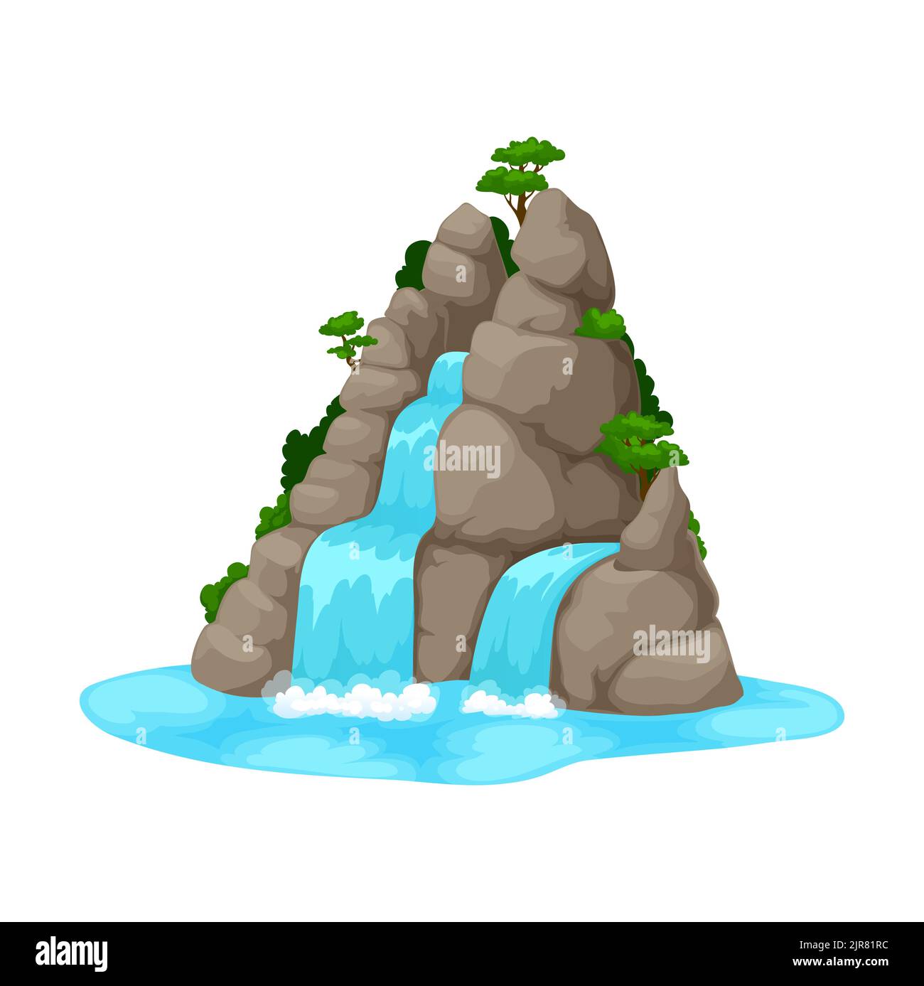 Cartoon Wasserfall oder Wasserfallfall von Bergfelsen mit grünen Bäumen. Vektor Natur Landschaft von grauen Steinklippe mit fließenden Flussbächen, blaue Wasserkaskaden von Wasserfall mit Spritzern Stock Vektor