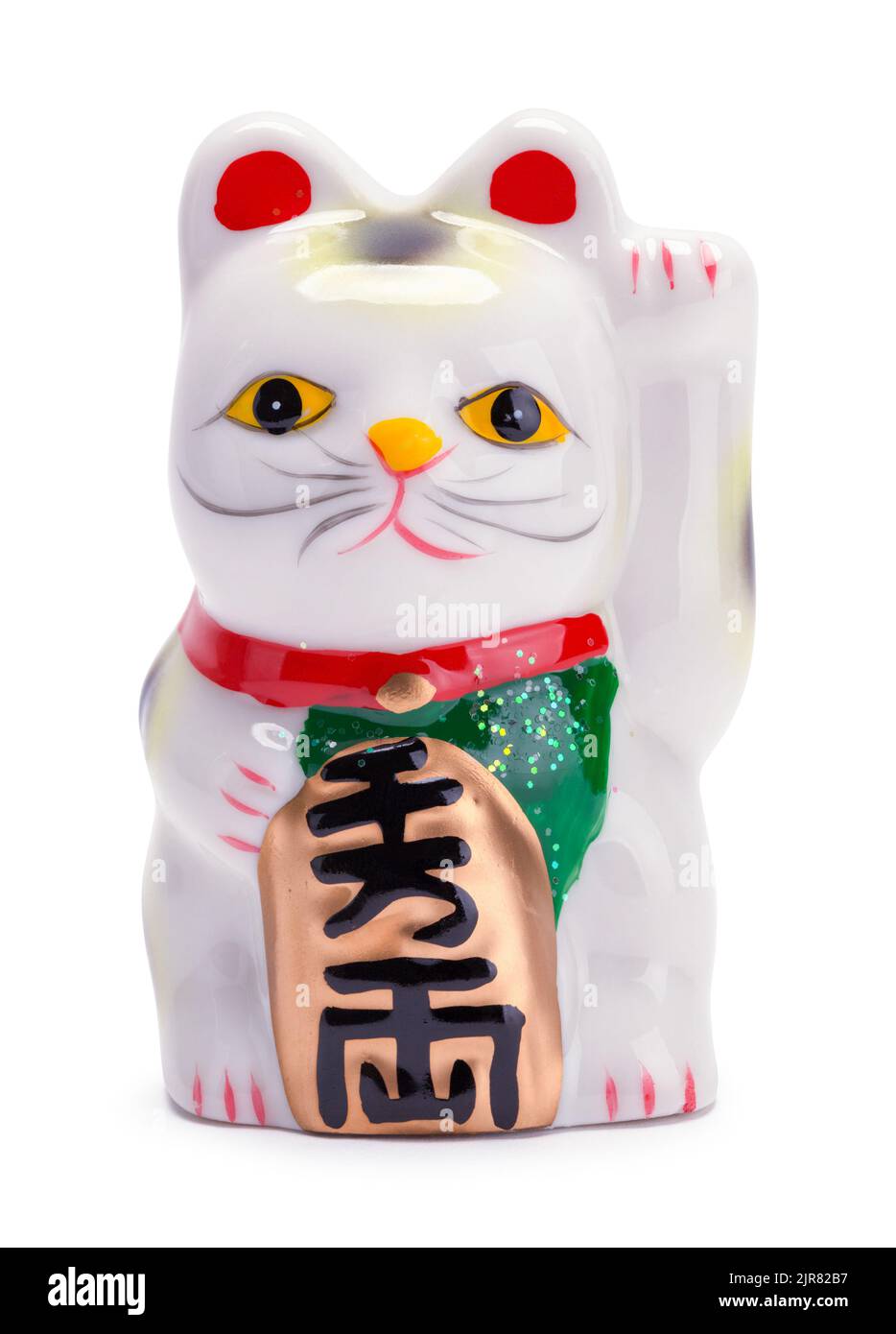 Maneki Neko Good Luck Katze auf Weiß ausgeschnitten. Stockfoto
