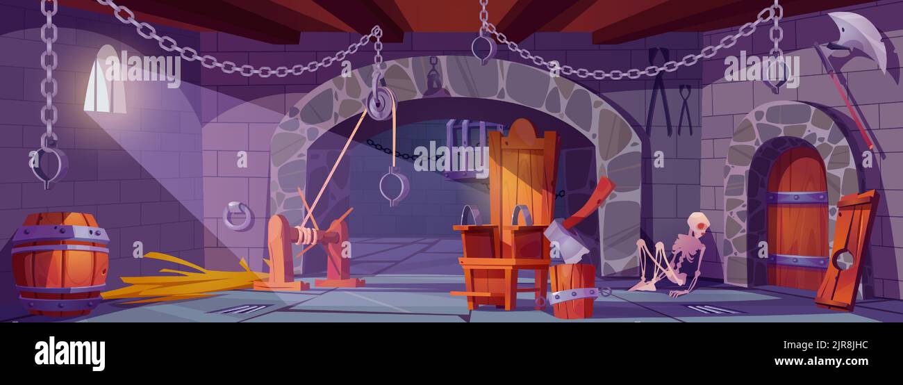 Mittelalterliche Folterzelle, Cartoon-Illustration. Steinburg-Kerker mit menschlichem Skelett, scharfer Axt, Holzstuhl mit eisernen Fesseln, Metallketten an Wänden und Decke. Vector Innenarchitektur Stock Vektor
