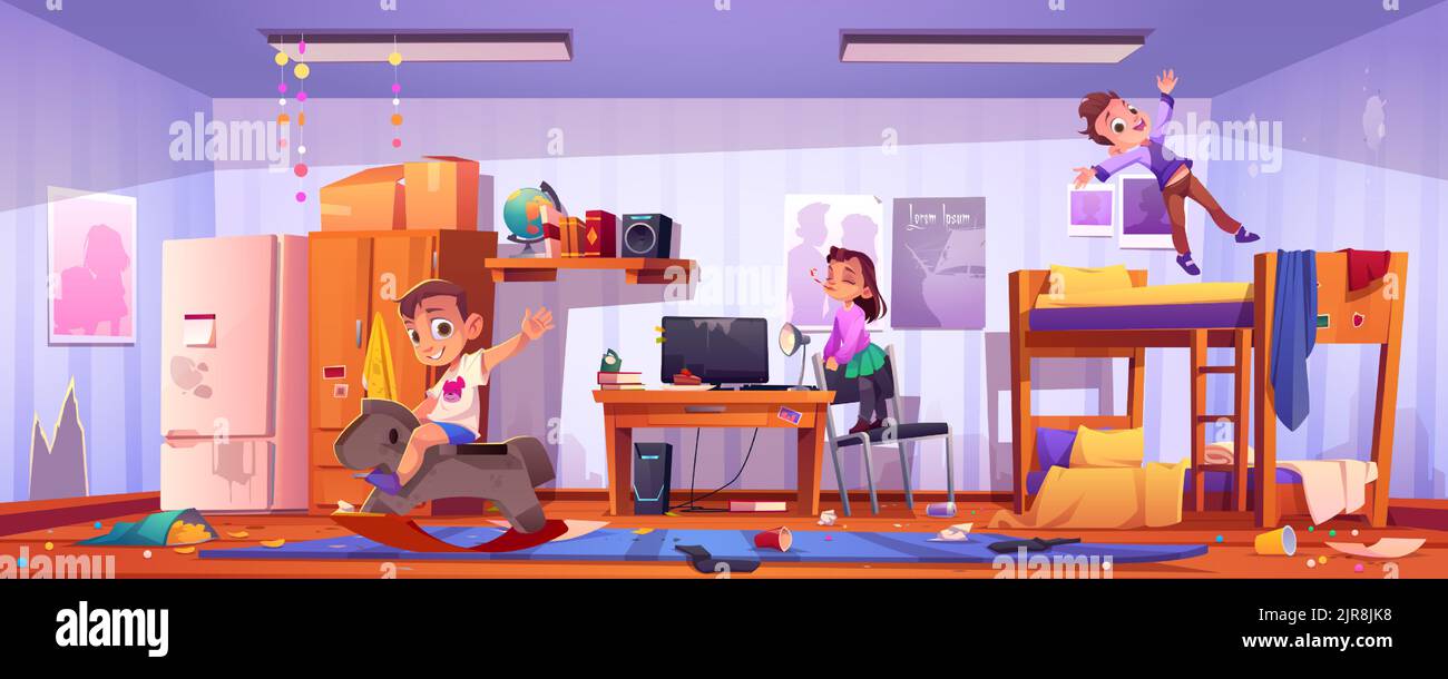 Unordentliches Schlafzimmer mit spielenden Kindern, schmutzigen Möbeln, Unordnung und verstreuttem Müll. Kinder spielen in unordentlichen Herberge oder Schlafsaal mit Etagenbett, Computer und Kleiderschrank, Vektor-Cartoon-Illustration Stock Vektor