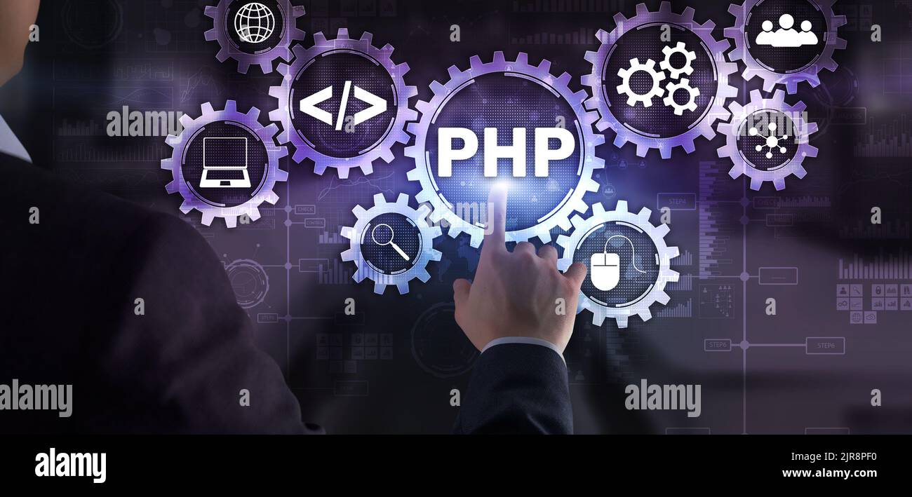 PHP-Codierungskonzept. Suche nach Programmierern. Technologiehintergrund Stockfoto