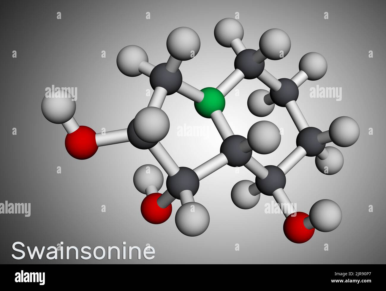 Swainsonin, Tridolgosir-Molekül. Es ist Indolizidin-Alkaloid aus der Pflanze Swainsona, mit immunmodulatorischen Aktivität. Molekularmodell. 3D Rendern Stockfoto