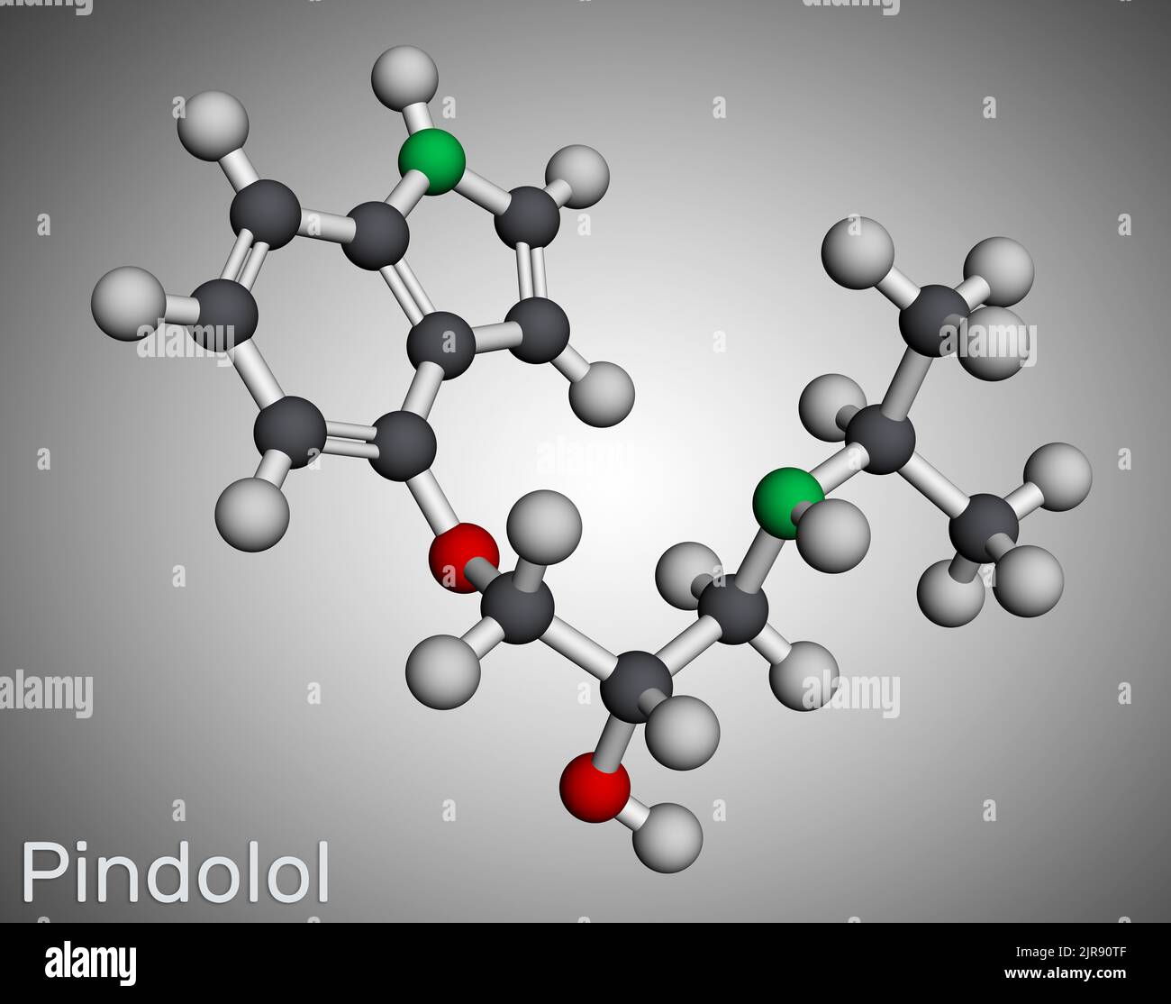 Pindolol-Molekül. Es ist ein nicht selektiver Beta-Adrenergie-Rezeptorblocker, der zur Behandlung von Bluthochdruck und Ödemen verwendet wird. Molekularmodell. 3D Rendern. Abbildung Stockfoto