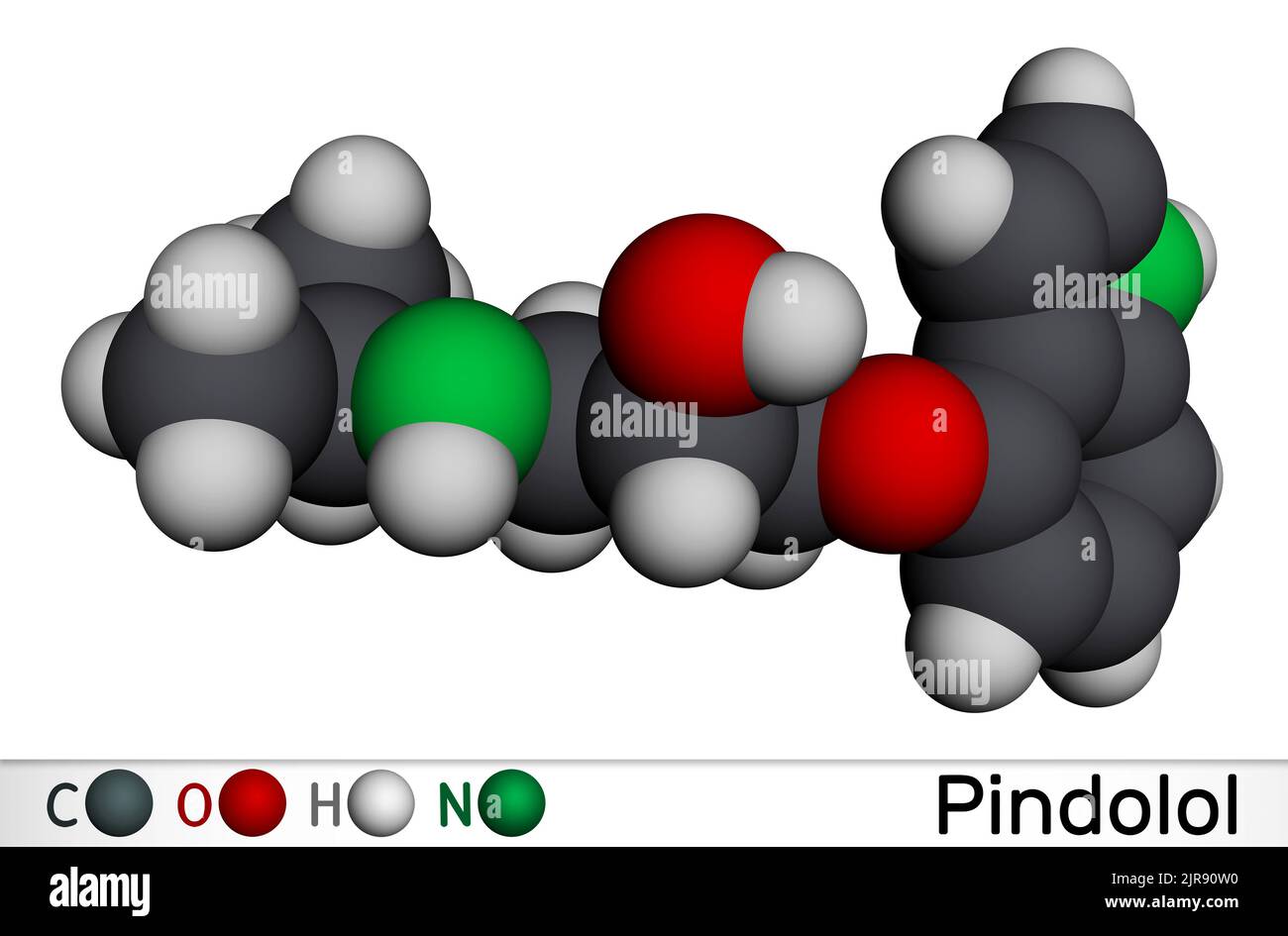 Pindolol-Molekül. Es ist ein nicht selektiver Beta-Adrenergie-Rezeptorblocker, der zur Behandlung von Bluthochdruck und Ödemen verwendet wird. Molekularmodell. 3D Rendern. Abbildung Stockfoto