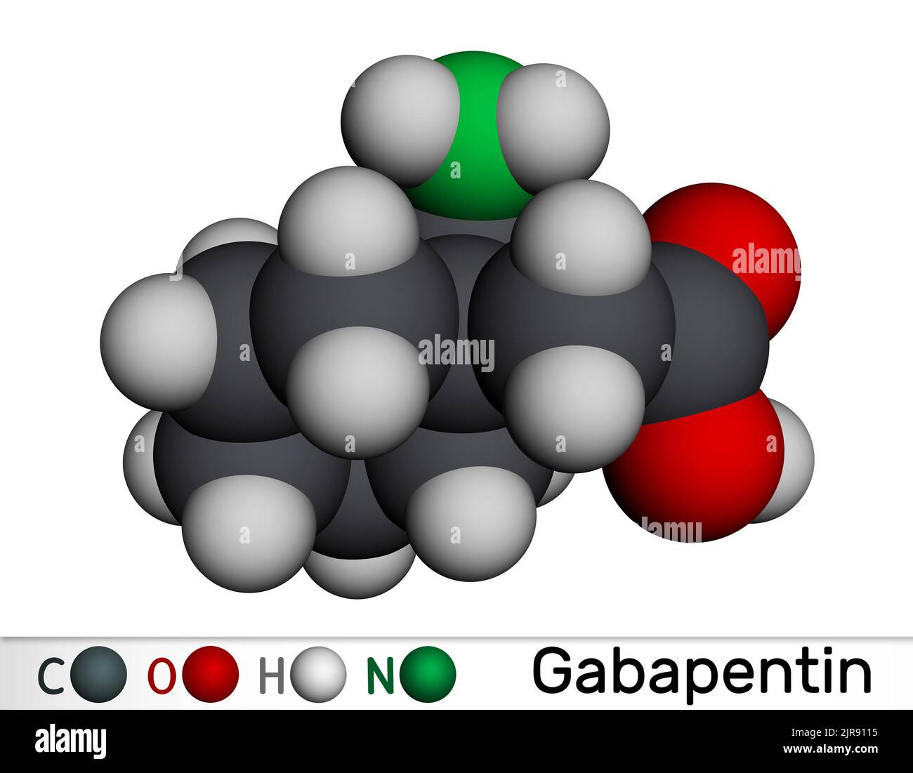 Gabapentin-Molekül. Es ist ein antikonvulsivantes Medikament, das zur Behandlung neuropathischer Schmerzen und Epilepsie verwendet wird. Molekularmodell. 3D Rendern. Abbildung Stockfoto