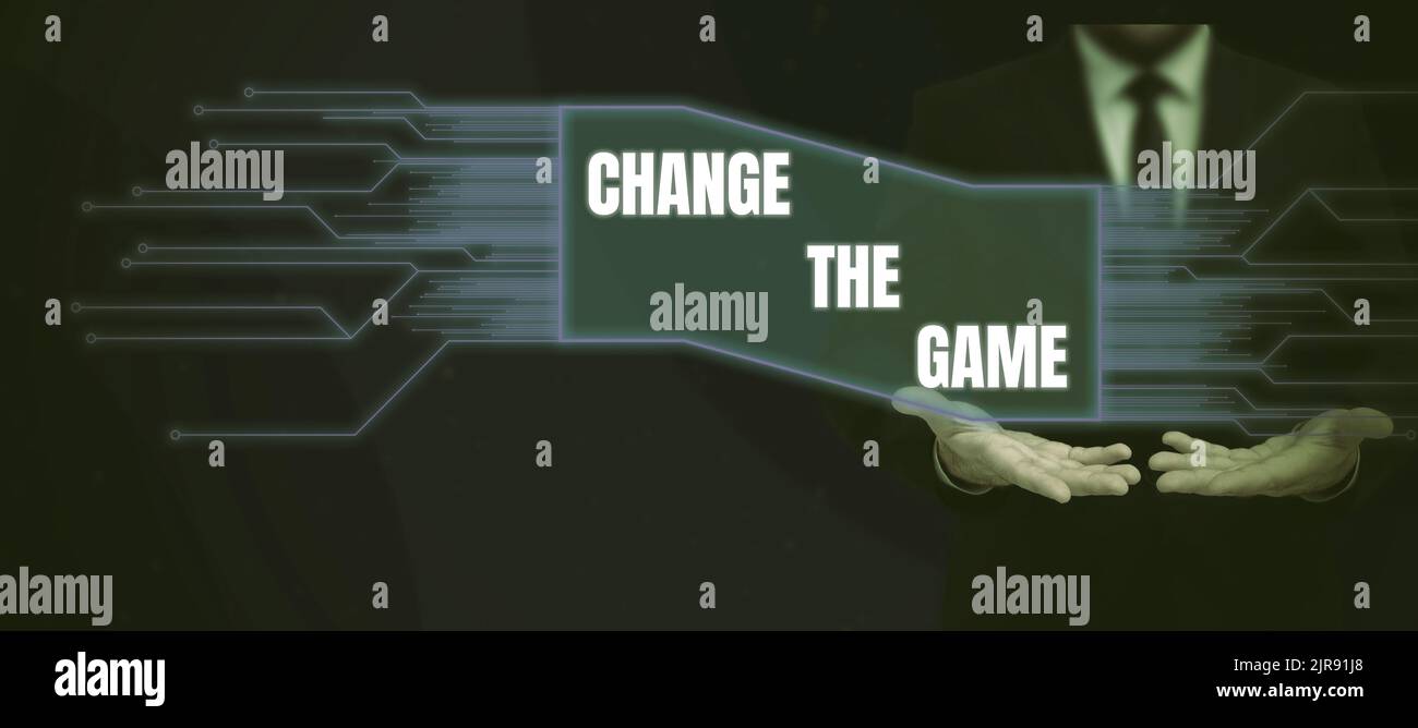 Konzeptionelle Darstellung Change the Game. Konzept Bedeutung machen eine Bewegung etwas anderes tun neue Strategien Geschäftsmann in Anzug halten Tablet Stockfoto
