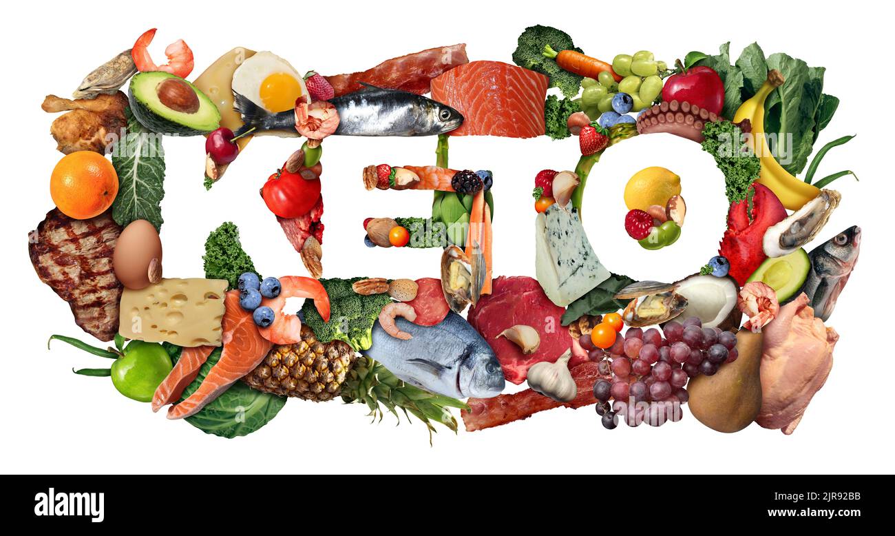Keto Symbol für Lebensmittel als Ernährung Lebensstil und ketogene Ernährung Low Carb und fettreiche Ernährung als Fisch Nüsse Eier Fleisch Avocado und andere gesunde. Stockfoto