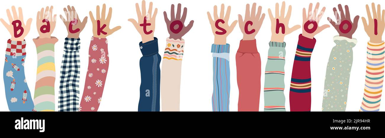 Banner mit Hand-up Kinder mit Text -Zurück zur Schule- Glückliche fröhliche multikulturelle Kinder verschiedener Ethnien.Studium und Lernen Bildungskonzept Stock Vektor
