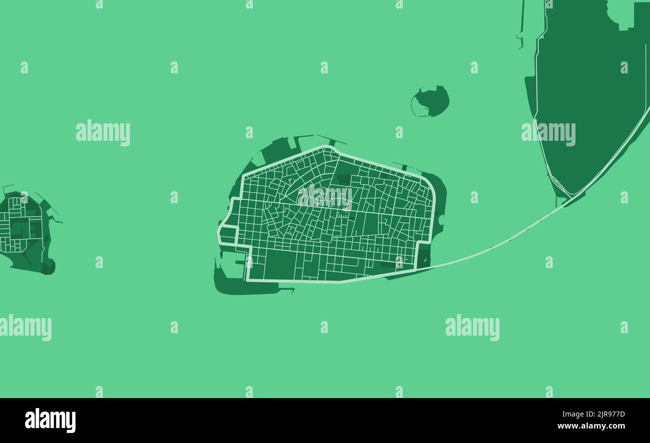 Grün Male Stadtgebiet Vektor Hintergrund Karte, Straßen und Wasser Illustration. Widescreen-Format, Roadmap für digitales flaches Design. Stock Vektor
