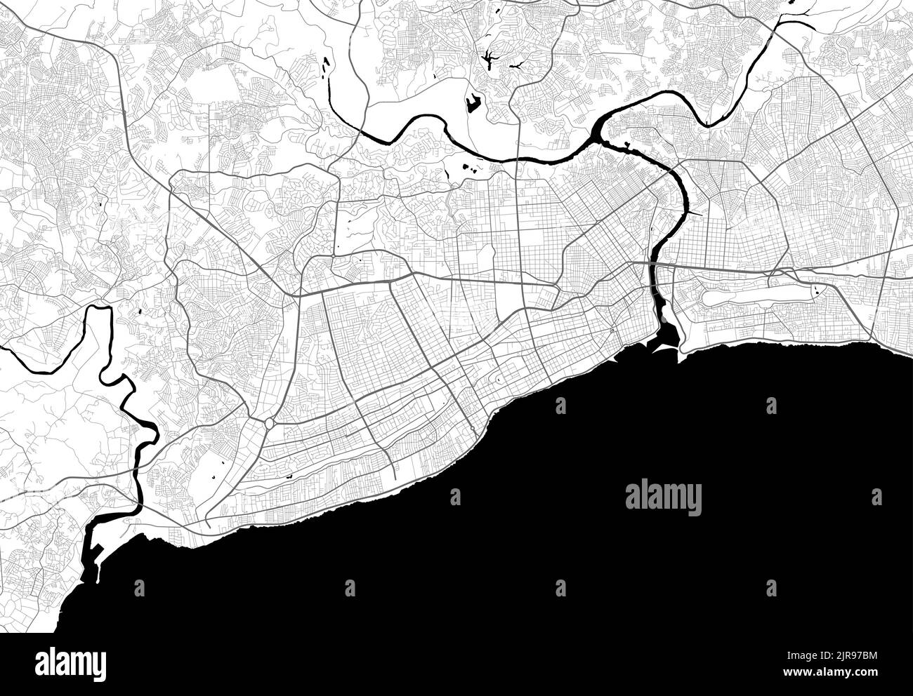 Vektor-Karte von Santo Domingo Stadt. Urbanes Graustufenposter. Straßenkarte mit Ansicht der Metropolregion. Stock Vektor