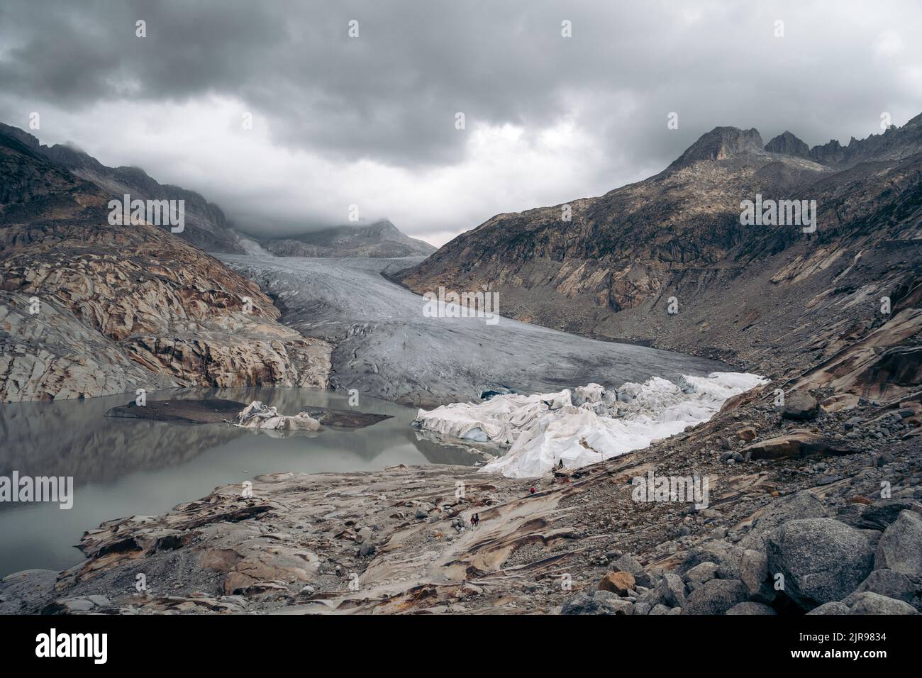 Der Rhône-Gletscher ist ein Gletscher in den Schweizer Alpen und die Quelle des Flusses Rhône und einer der Hauptverursacher des Genfersees. Stockfoto